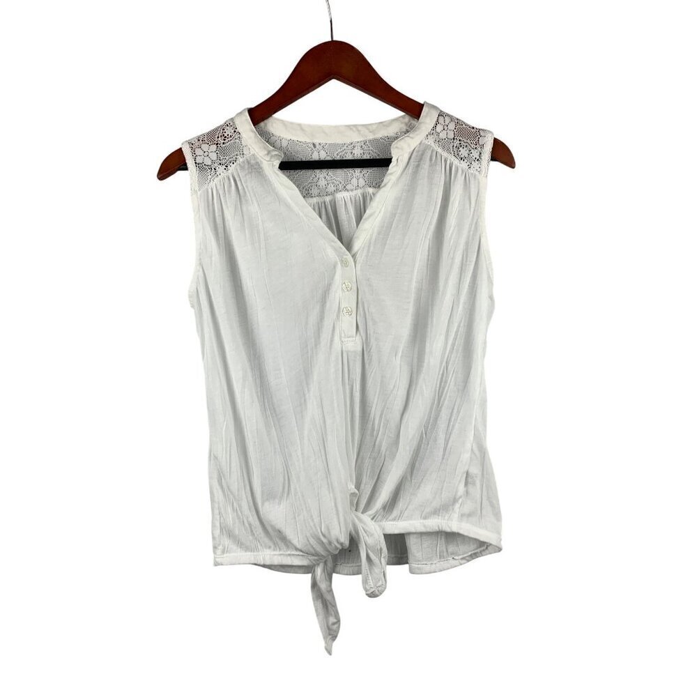 Womens White Sleeveless Top With Lace Detail & Front Tie